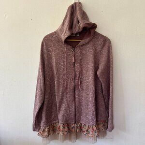 LOGO Lori Goldstein Cadigan Womens Large Pockets Purple Hooded Ribbon Hem